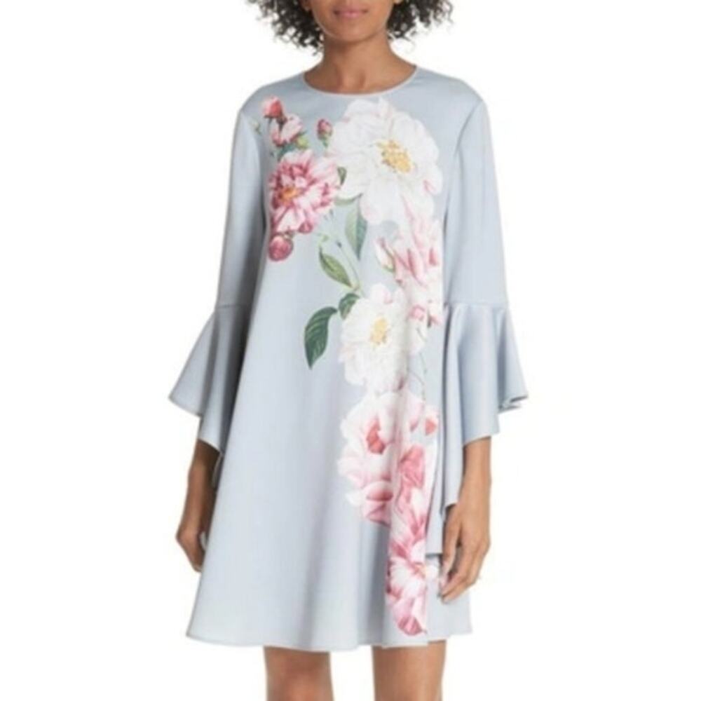 Ted Baker Sauda Iguazu Shift Dress Gray Floral Cascading Sleeves Size 3